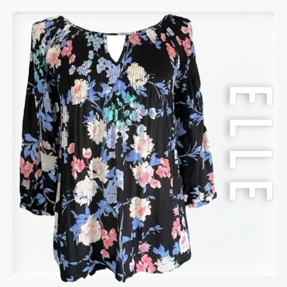 Elle Black Floral Three Quarter Sleeve Blouse sz M - Picture 1 of 14
